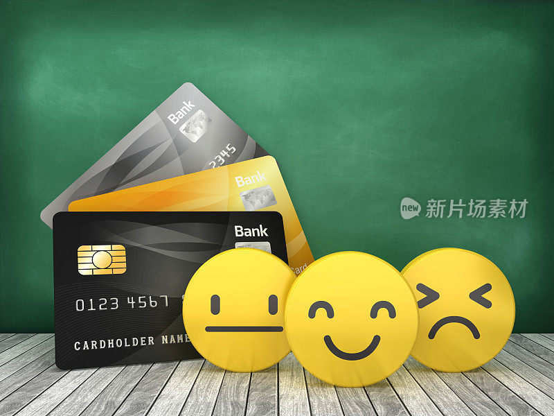 信用卡与表情符号在黑板上- 3D渲染